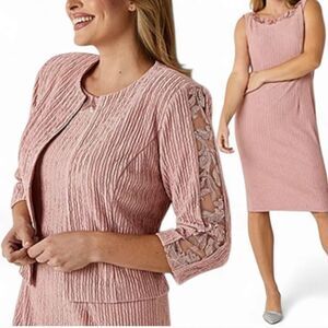 NWT Maya Brooke 2 Piece Set Dress Jacket Rose Gold Crinkle Lace Size 10